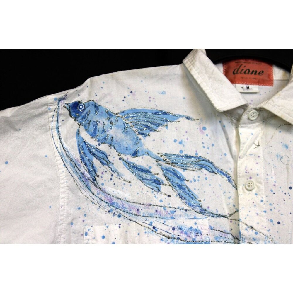 90s Diane St Thomas Hand Painted Shirt Koi Fish Silver Sparkle Splatter Paint - Picture 6 of 14